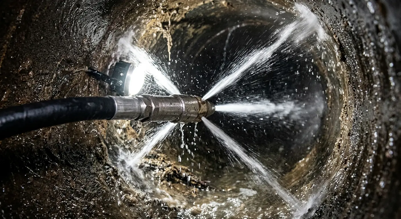 High-pressure hydro jetting nozzle cleaning sewer pipe for Sewer Line Relining in Kent