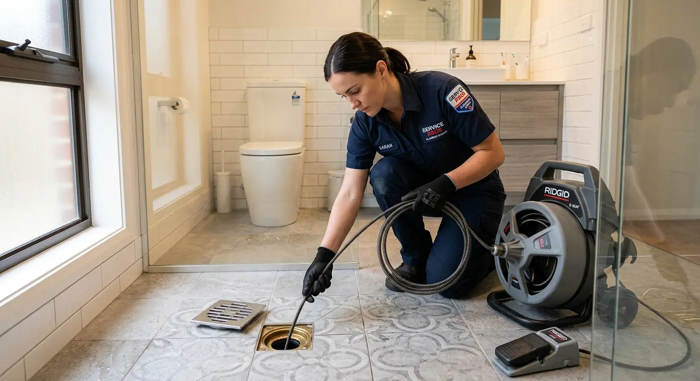 Technician clearing a bathroom floor drain for Sewer Line Replacement in Kent